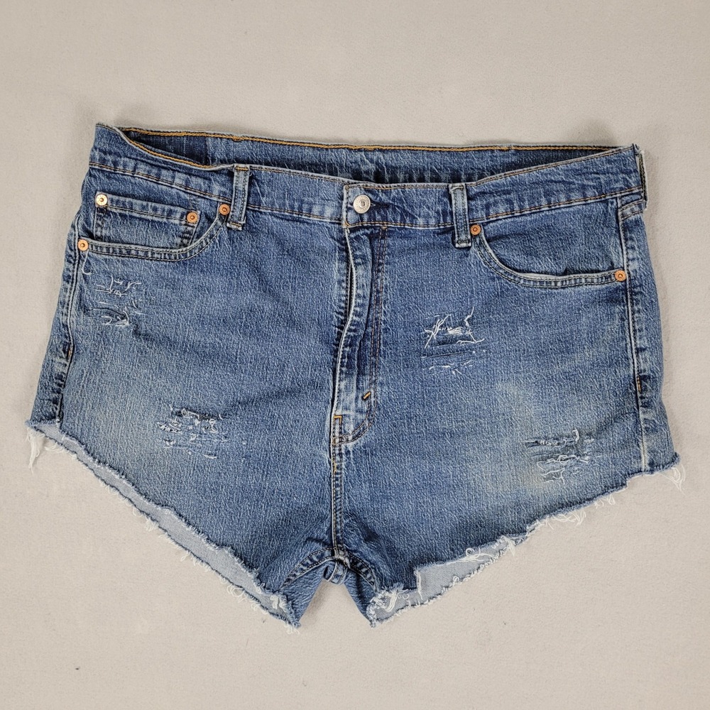 Levis Cut Off Shorts Size 40 Blue Distressed Regular Fit Cotton 505 Denim